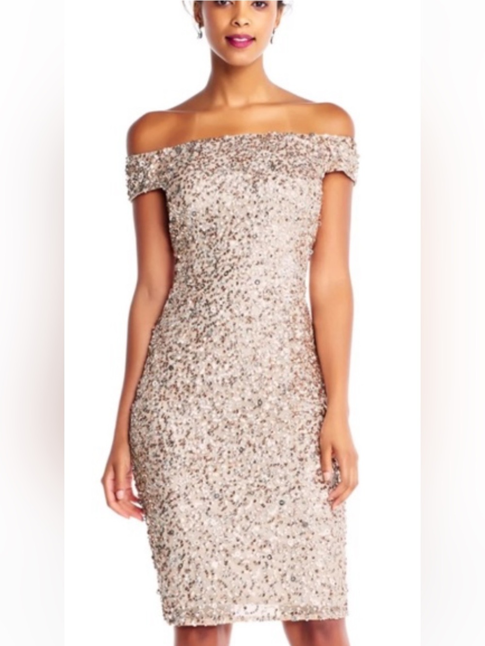 NWT Adrianna Papell Off-Shoulder Crunchy Bead Sequin Dress Size 6 Lead Gunmetal